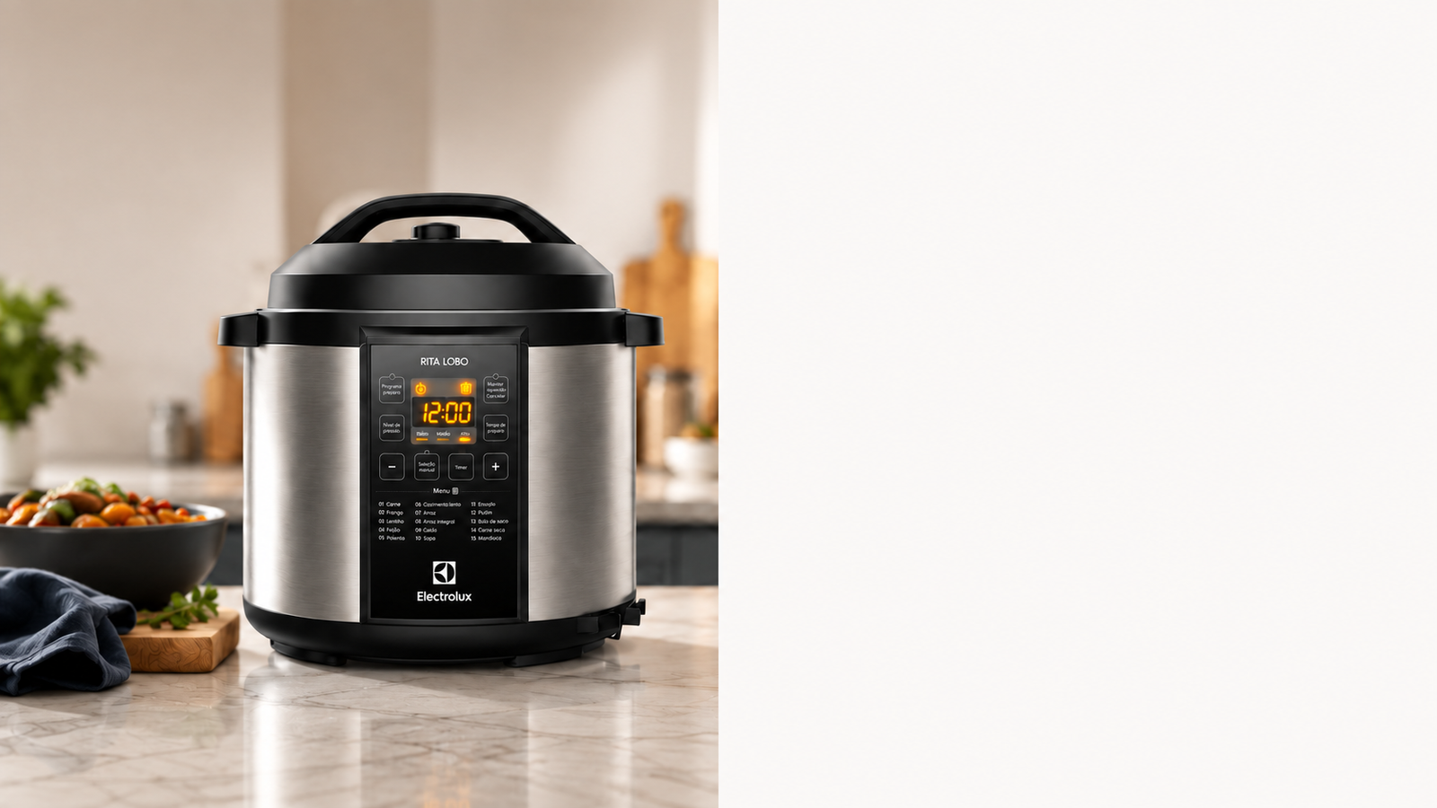 Panela Electrolux de 6 litros sobre uma bancada, ao lado de uma tigela de legumes.